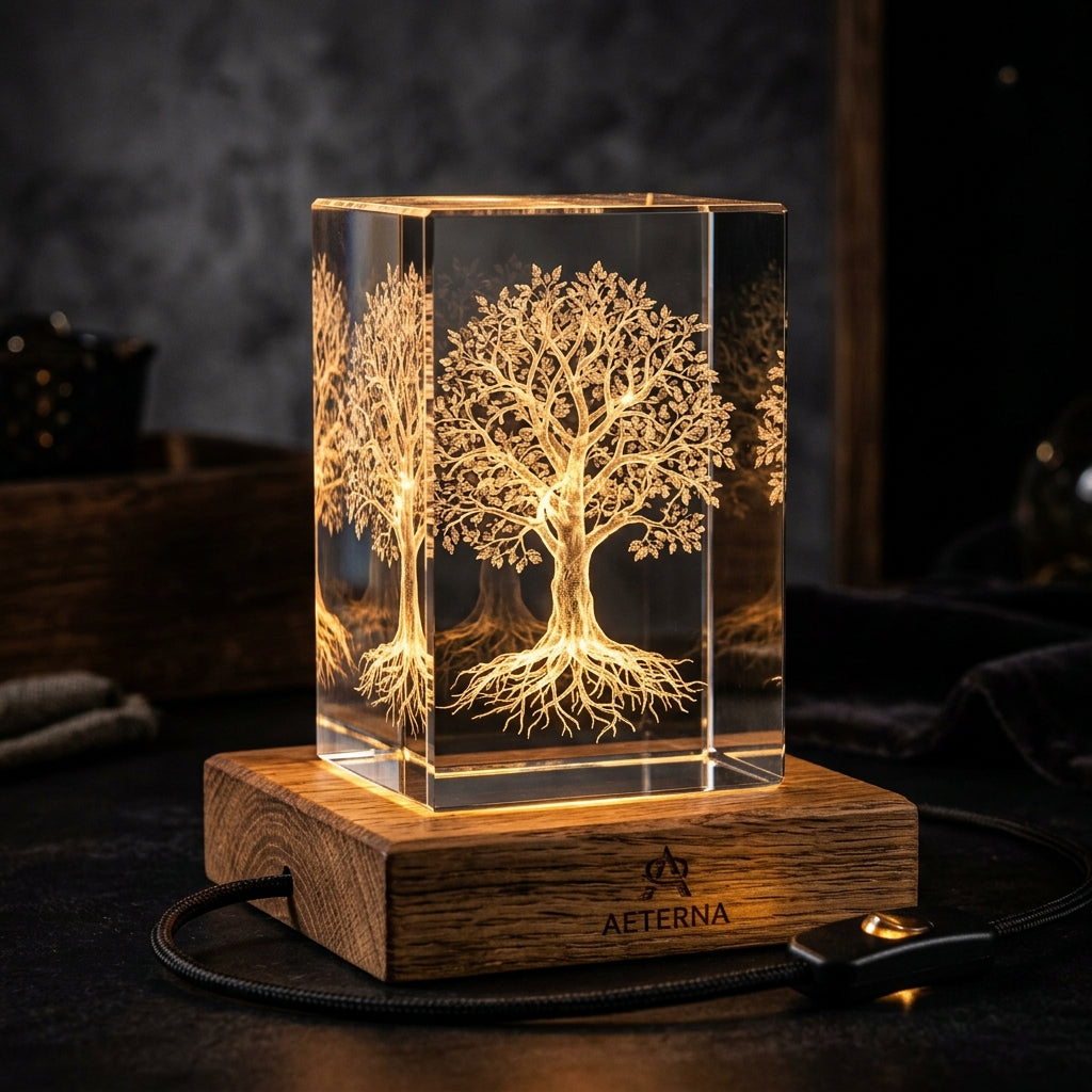 Laser engraved crystal Tree of Life on illuminated wooden base
